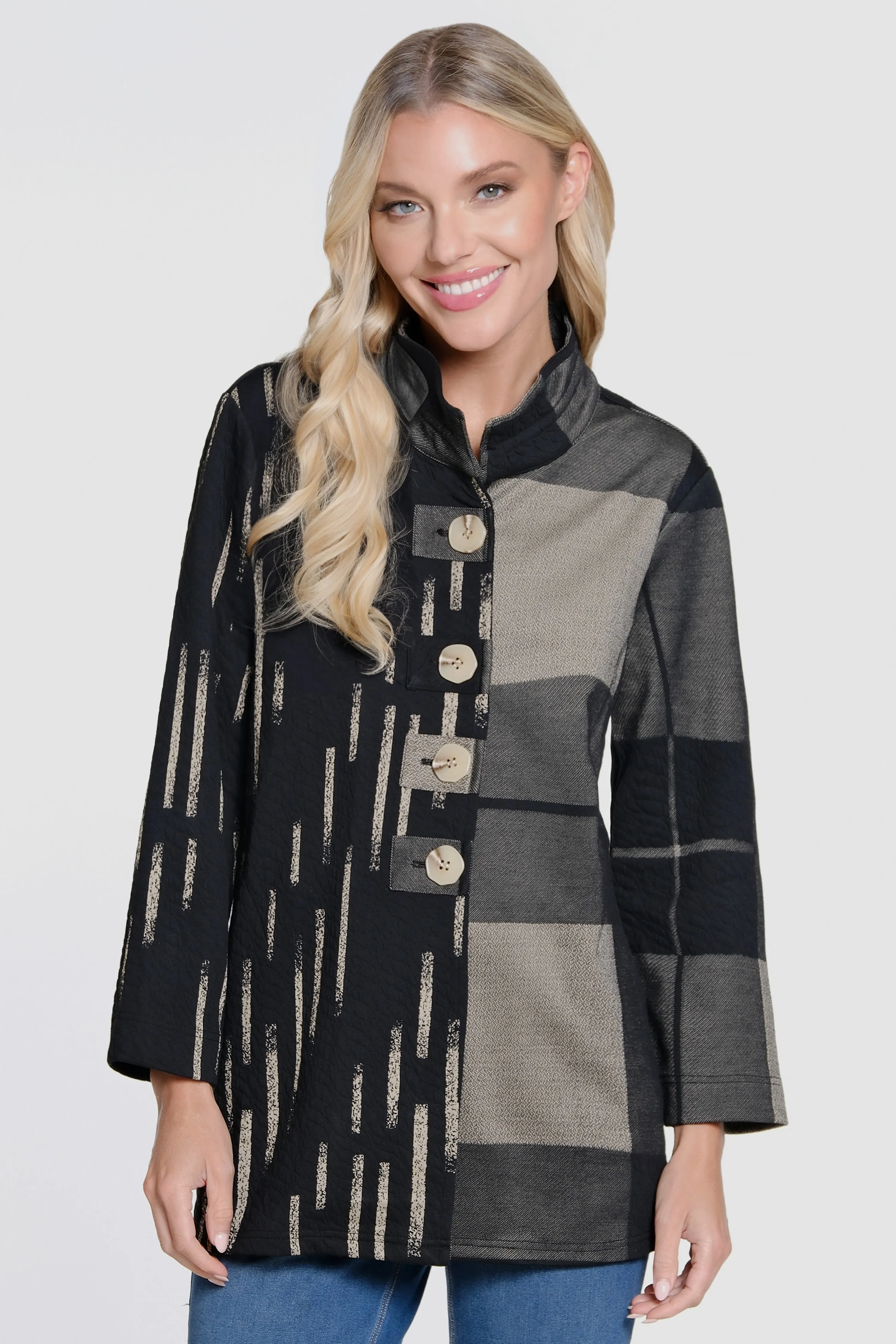 Jacquard Knit Button Front Jacket - Black/Ivory