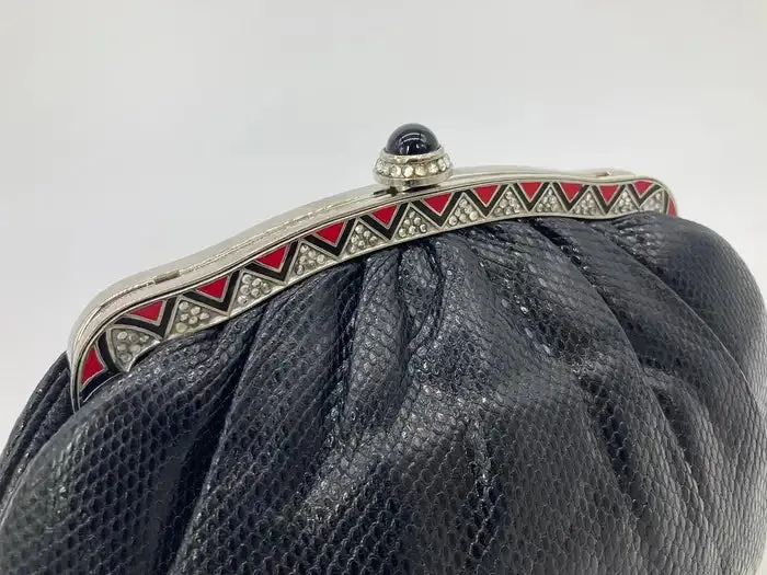 Judith Leiber Black Lizard Clutch with Red Enamel Crystal Top