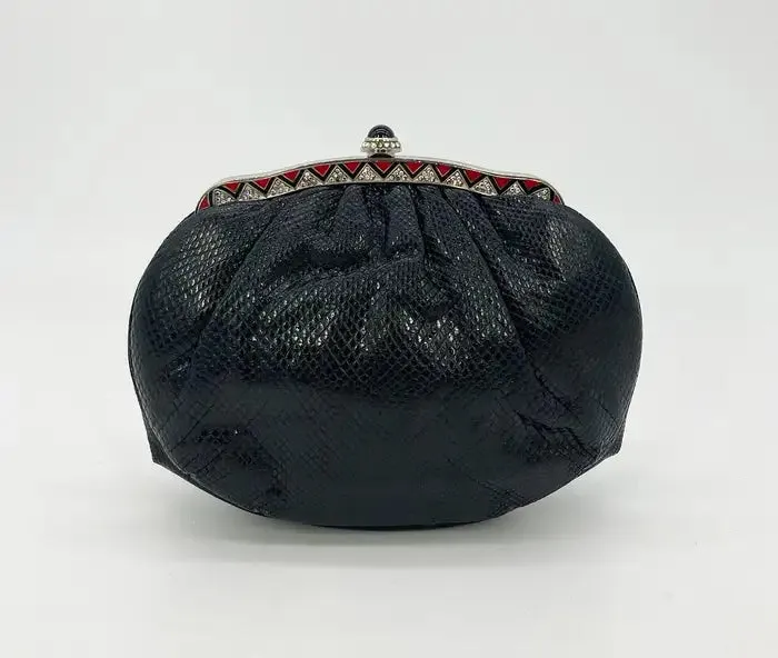 Judith Leiber Black Lizard Clutch with Red Enamel Crystal Top