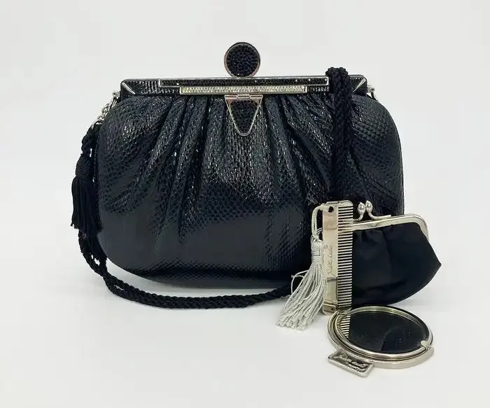 Judith Leiber Black Lizard Crystal Top Clutch