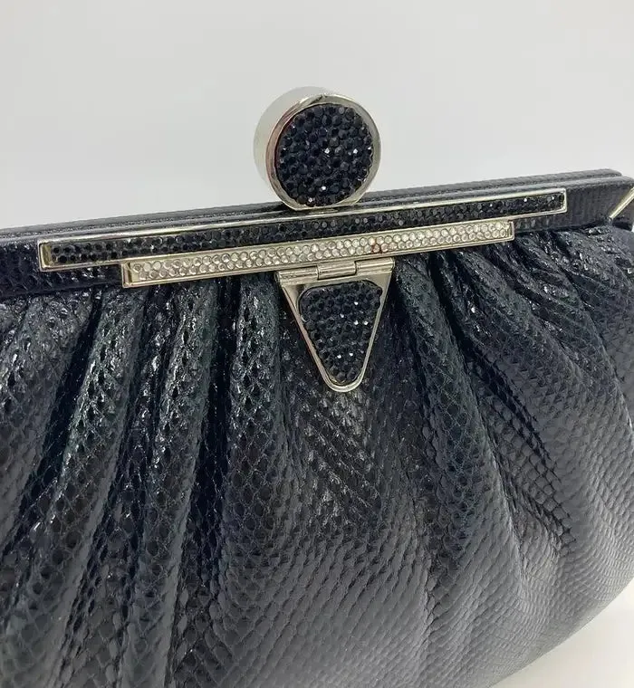 Judith Leiber Black Lizard Crystal Top Clutch