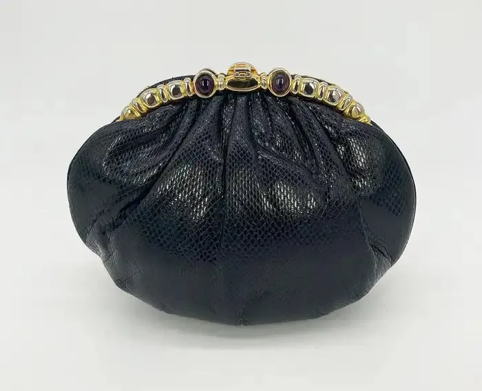 Judith Leiber Black Lizard Purple & Black Gemstone Top Clutch