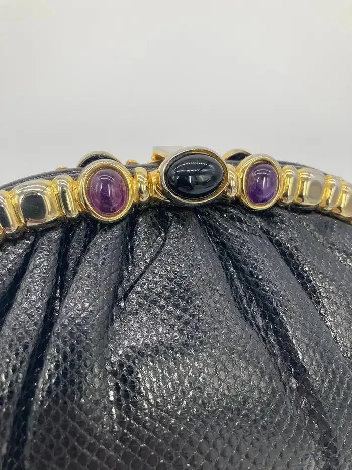 Judith Leiber Black Lizard Purple & Black Gemstone Top Clutch