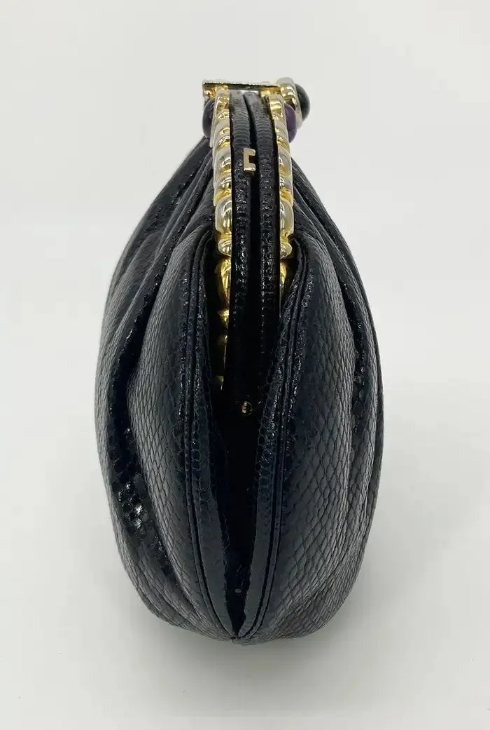 Judith Leiber Black Lizard Purple & Black Gemstone Top Clutch