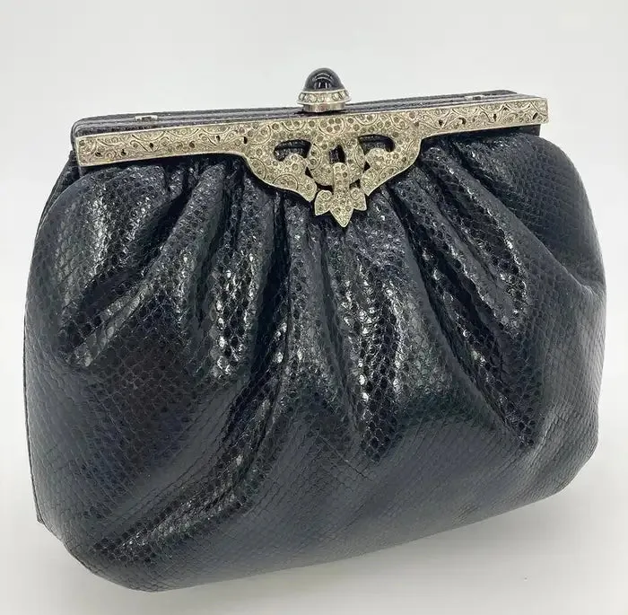 Judith Leiber Black Lizard Silver Antique Crystal Top Clutch