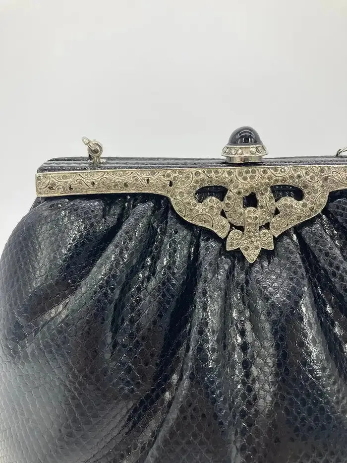 Judith Leiber Black Lizard Silver Antique Crystal Top Clutch