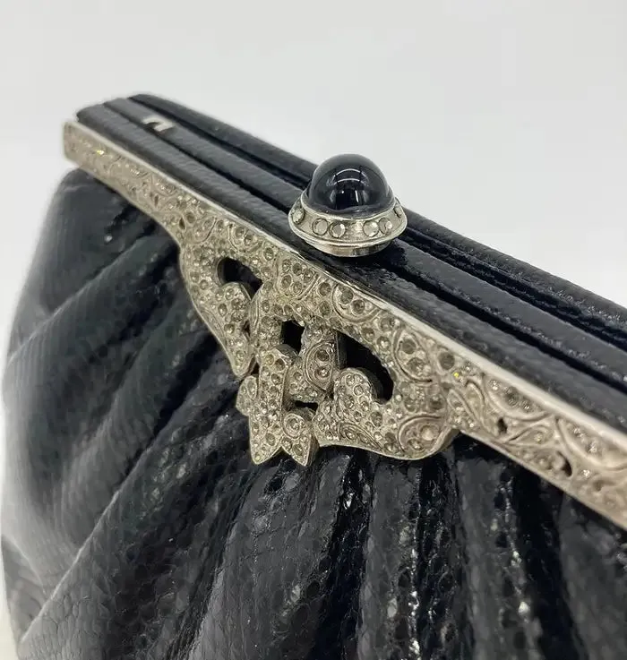 Judith Leiber Black Lizard Silver Antique Crystal Top Clutch