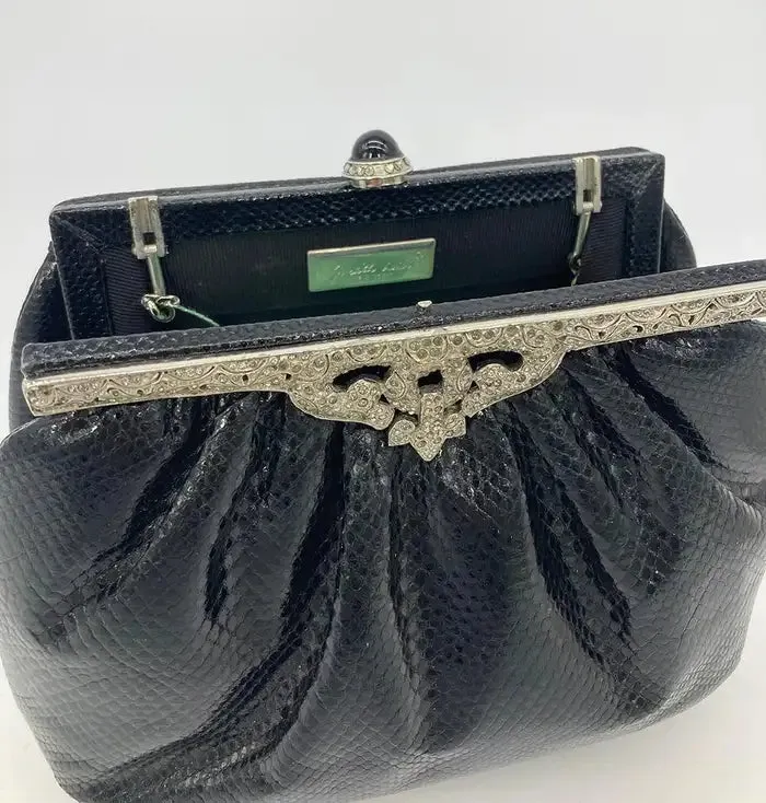 Judith Leiber Black Lizard Silver Antique Crystal Top Clutch