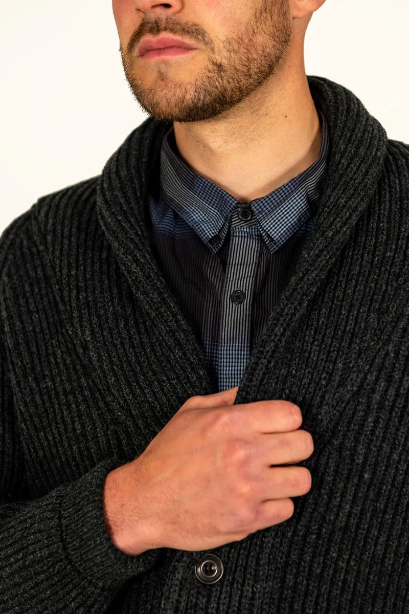 Mens ribbed Shawl Collar wool Cardigan - Charcoal