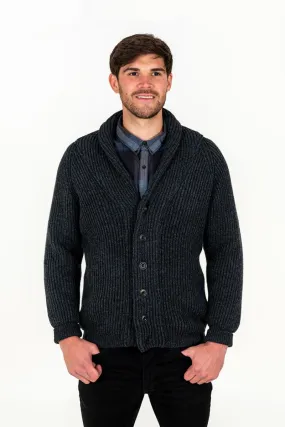 Mens ribbed Shawl Collar wool Cardigan - Charcoal