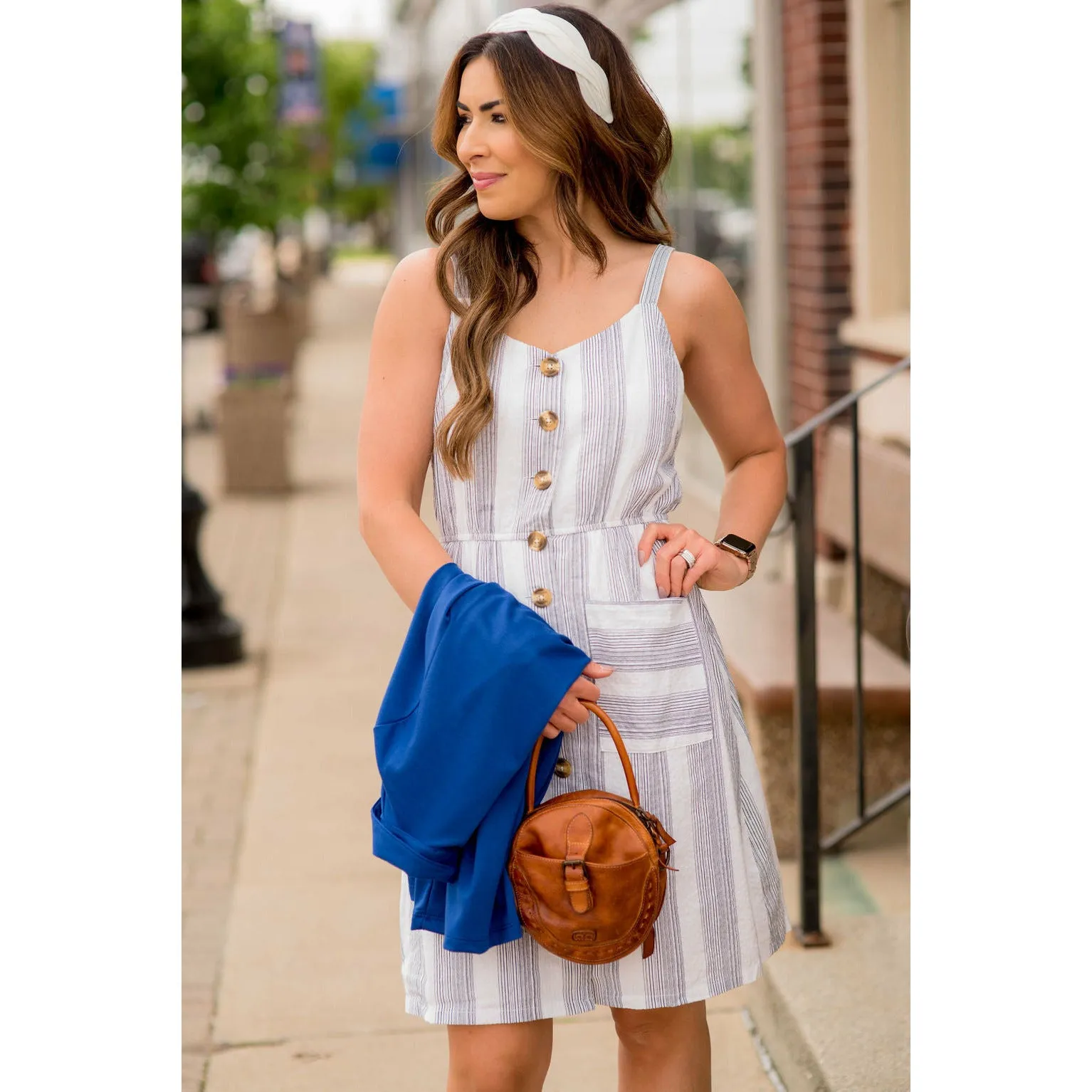 Mixed Striped Button Tank Dress