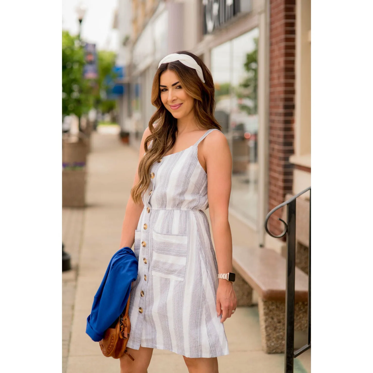 Mixed Striped Button Tank Dress