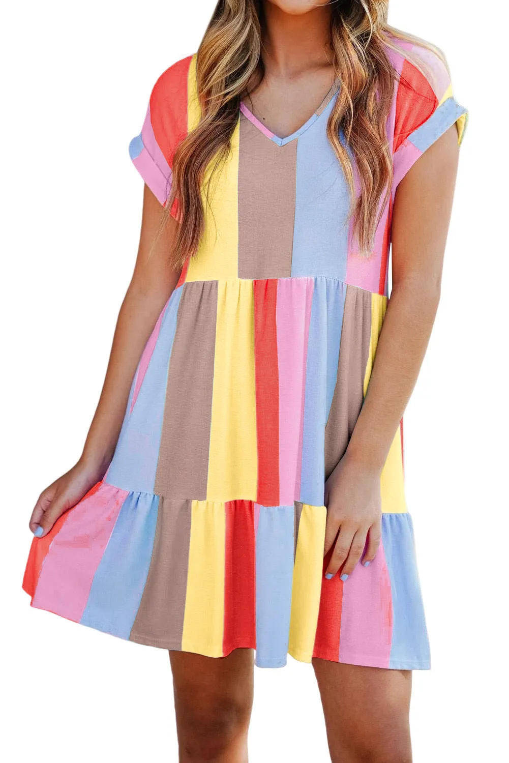 Multicolor Striped Color Block Tiered