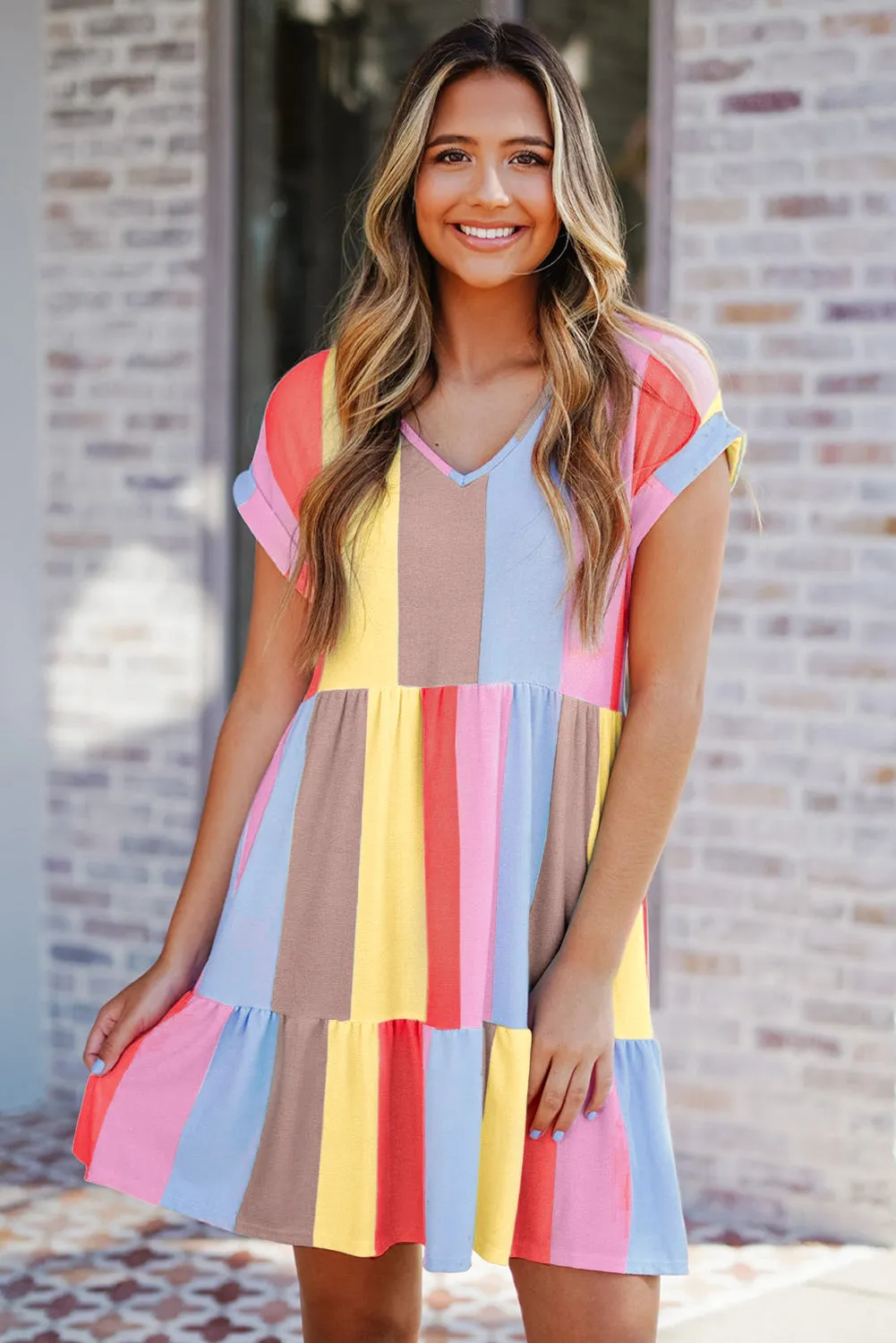 Multicolor Striped Color Block Tiered