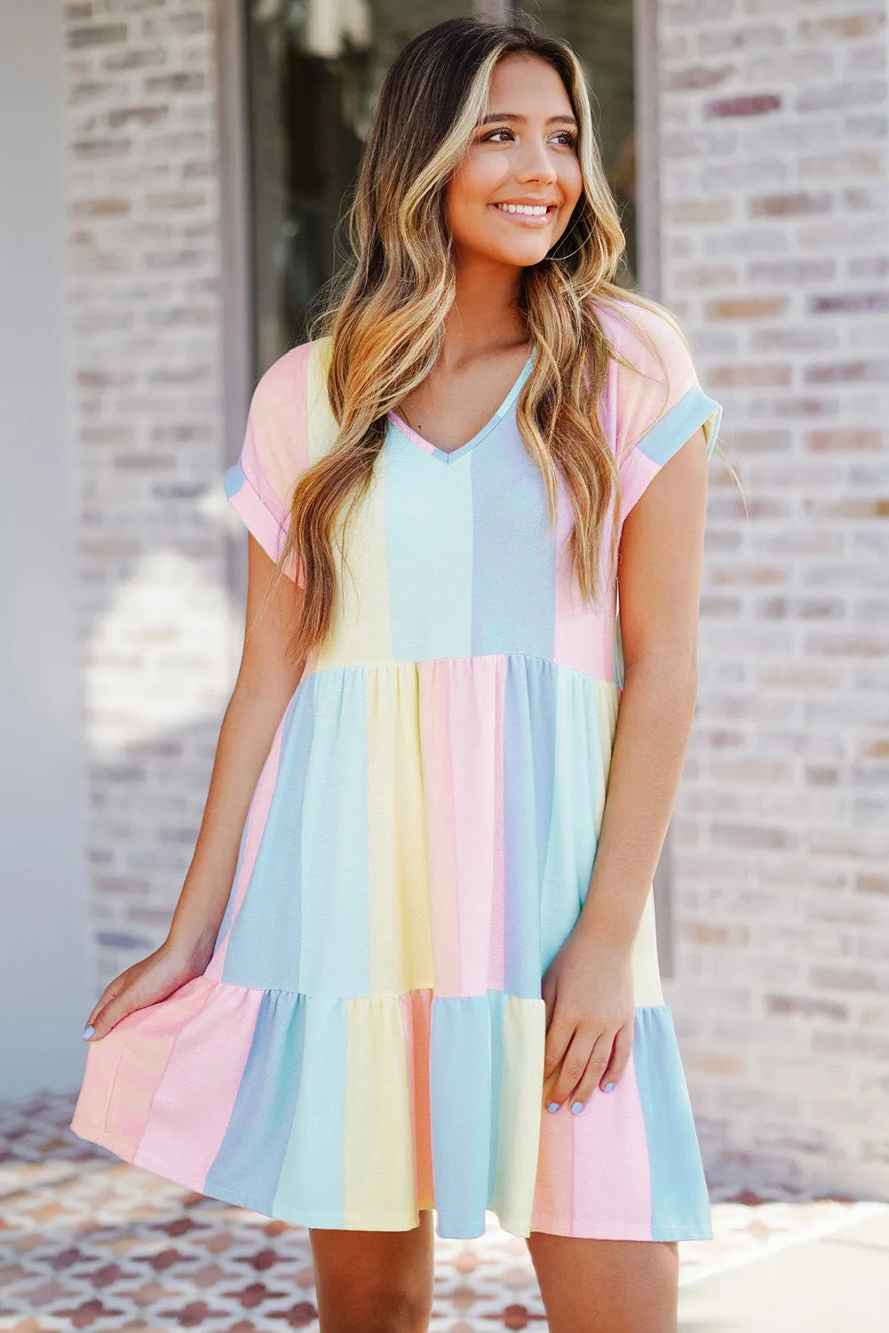 Multicolor Striped Color Block Tiered