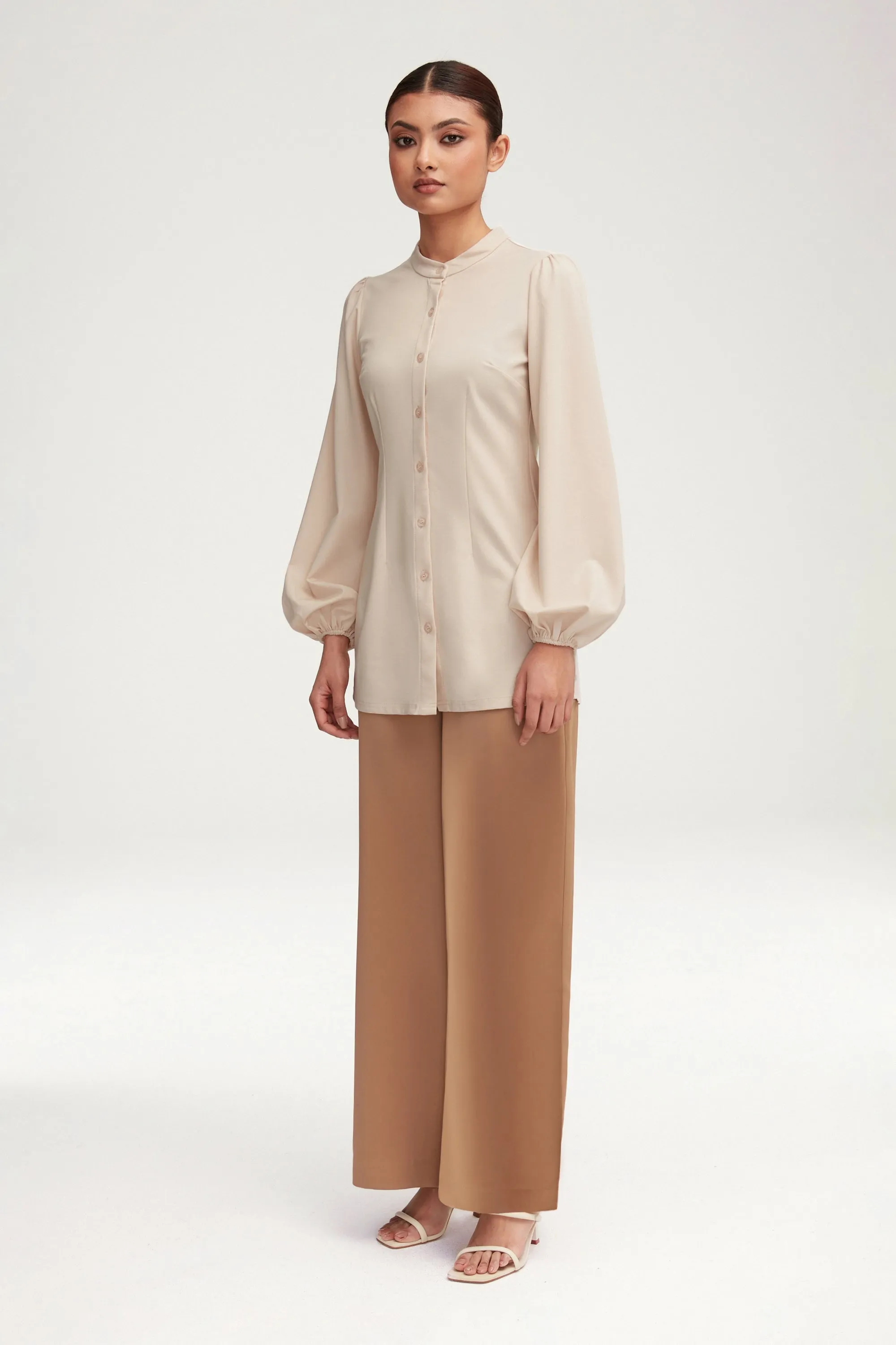 Rayana Jersey Button Down Top - Light Sand