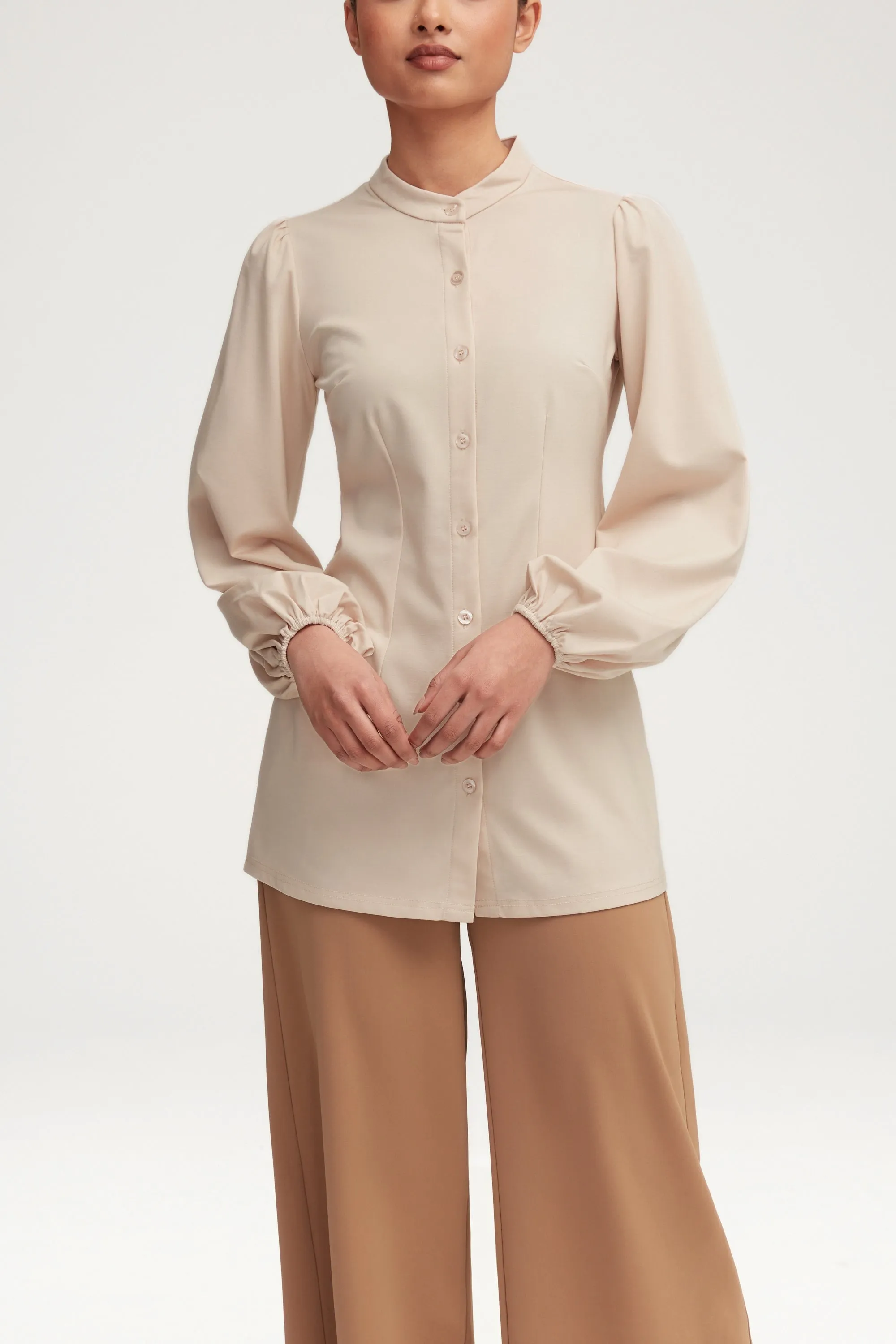 Rayana Jersey Button Down Top - Light Sand