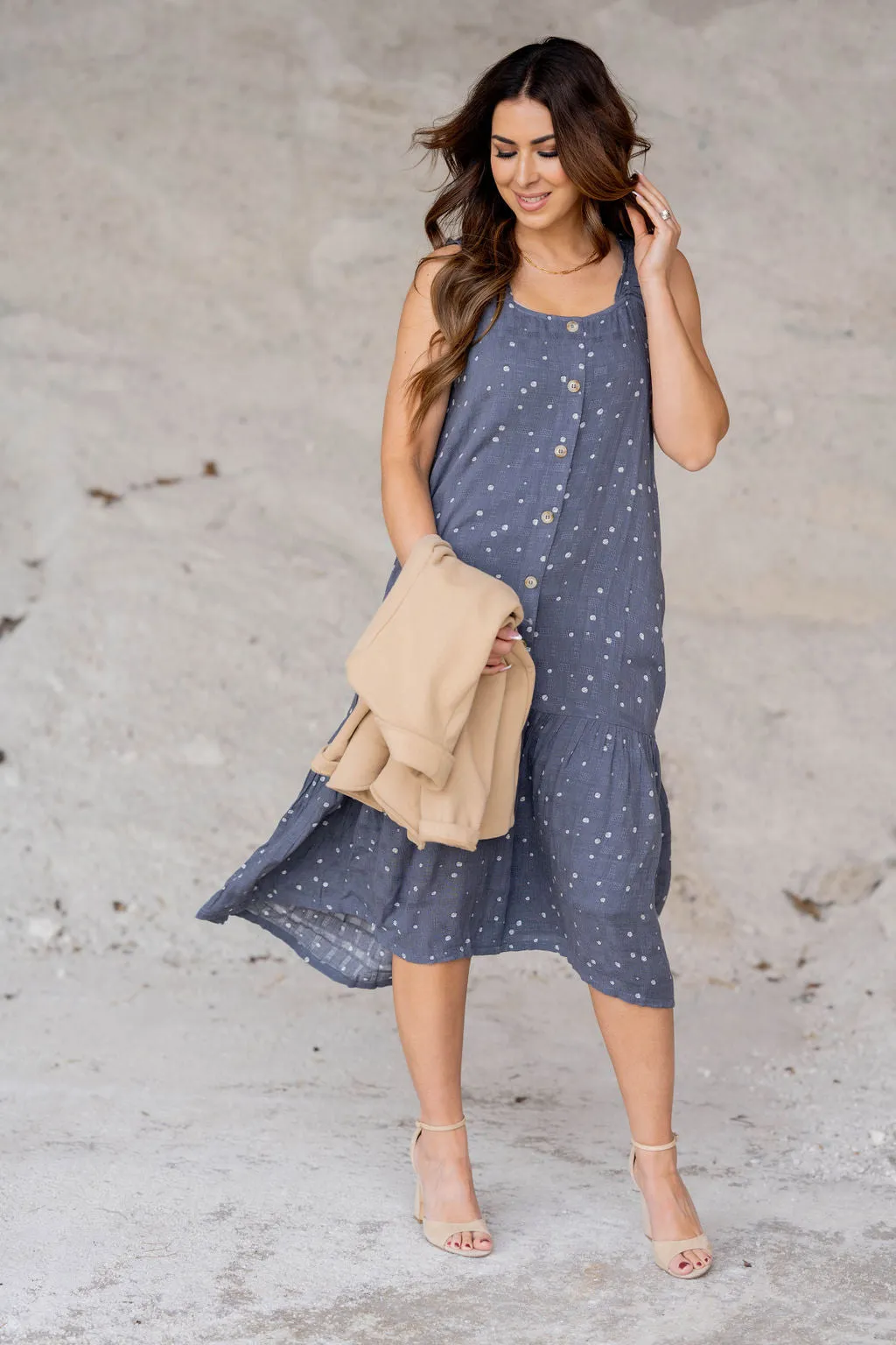 Spotted Button Accented Midi Dress