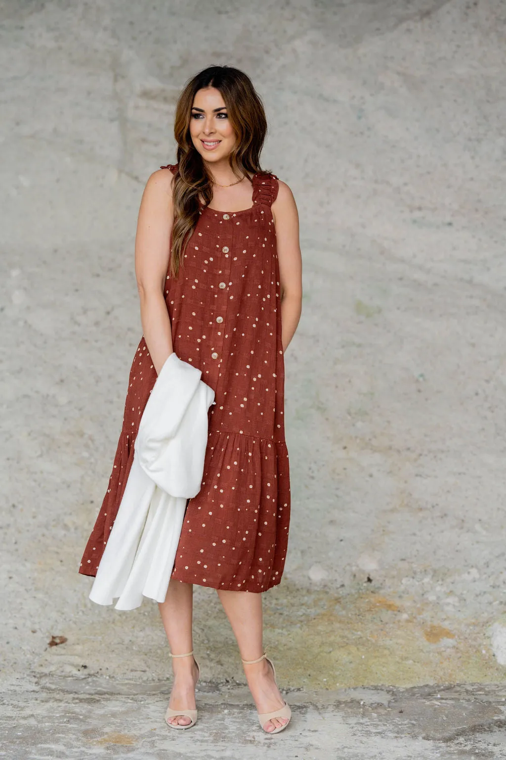 Spotted Button Accented Midi Dress