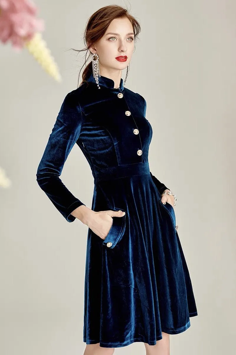 Stand Collar Velvet Dress