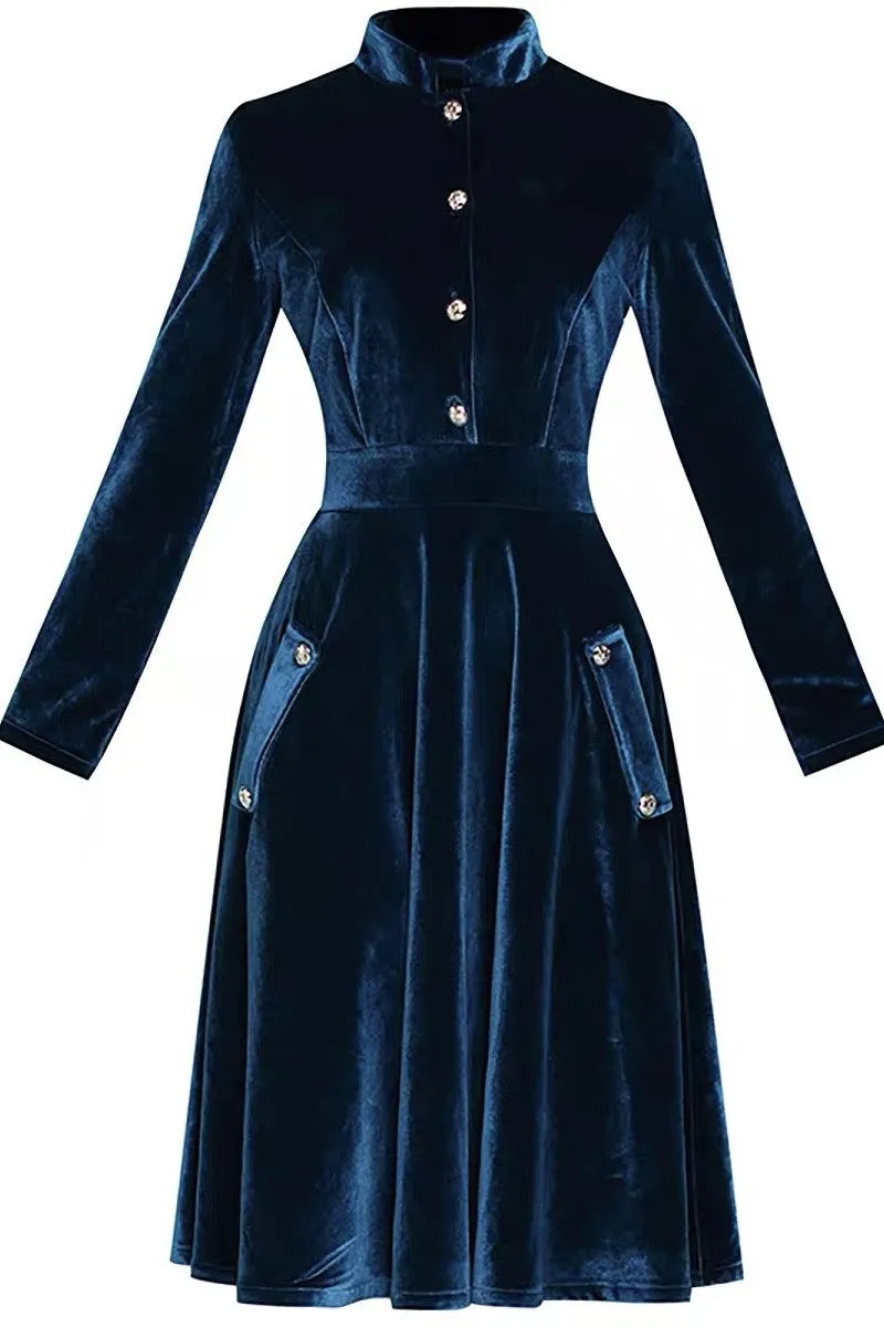 Stand Collar Velvet Dress