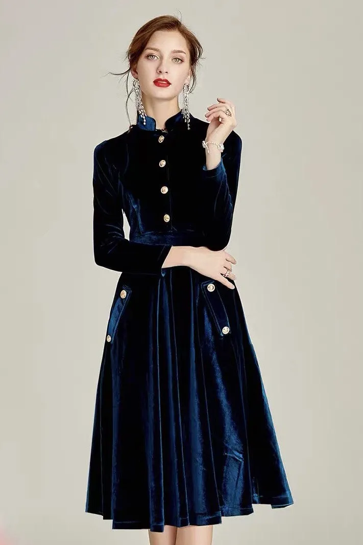 Stand Collar Velvet Dress