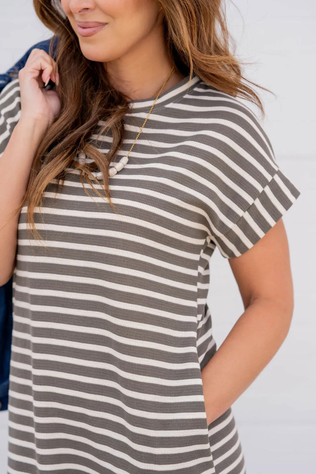 Textured Stripes Short Sleeve Midi Dress