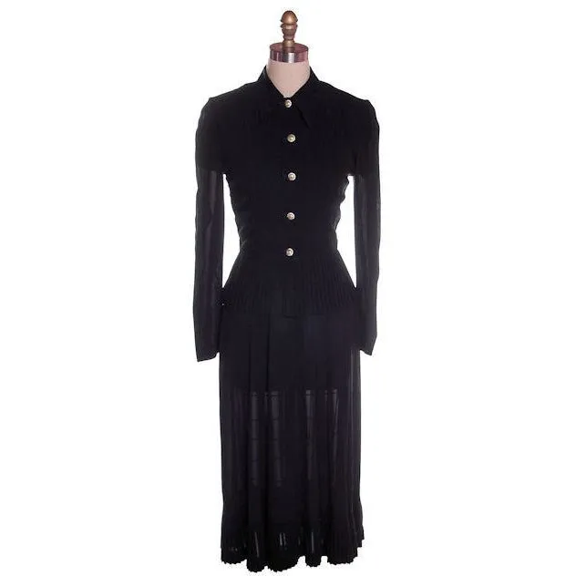 Vintage 2 PC Black Rayon Jacket & Dress w/Pleat Detail 1940s 35-26-38