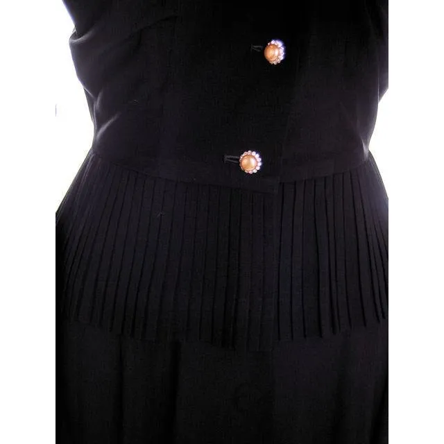 Vintage 2 PC Black Rayon Jacket & Dress w/Pleat Detail 1940s 35-26-38