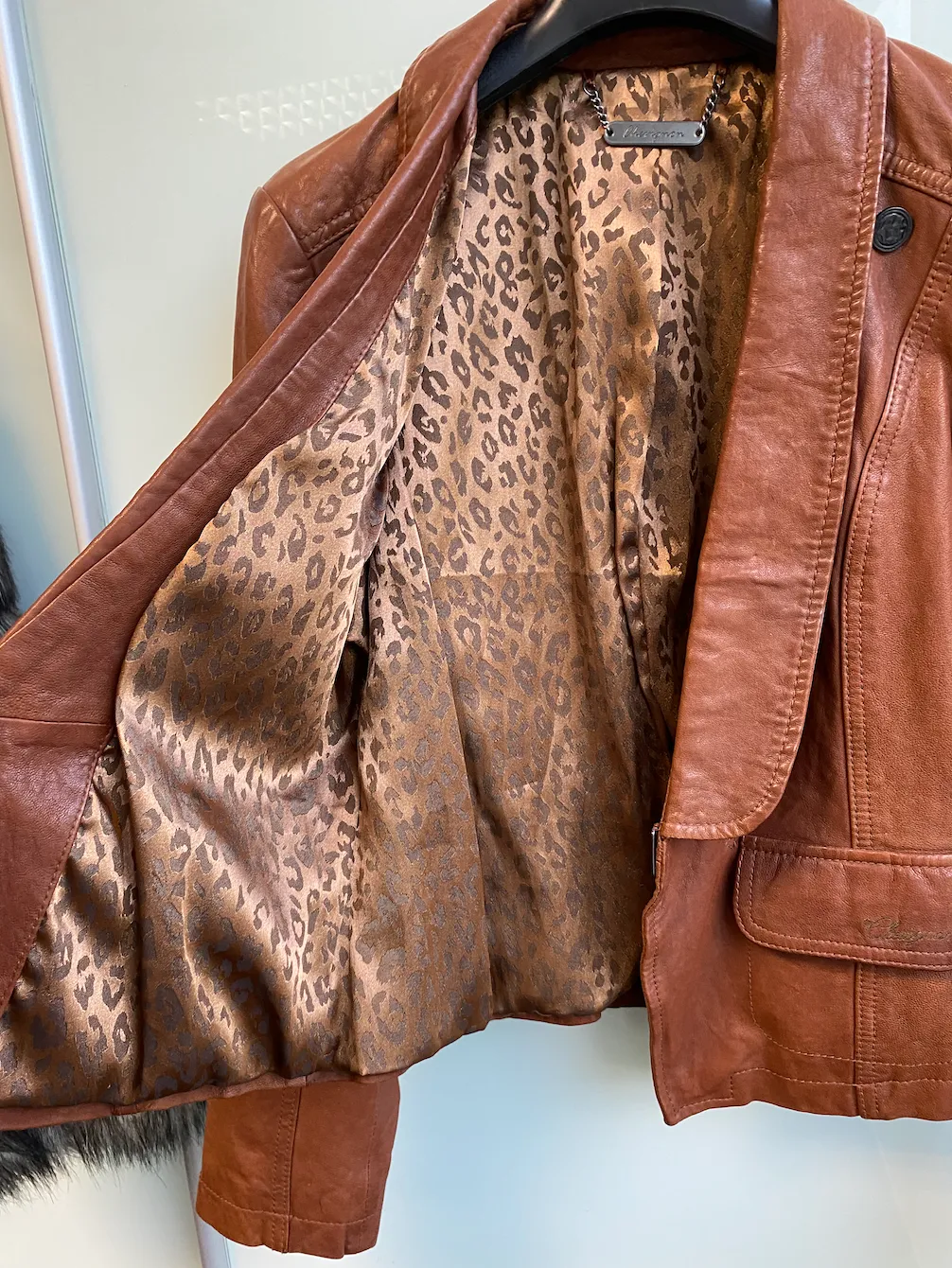 Waxy Washed Effect CHEVIGNON Leather Jacket in Congac Brown