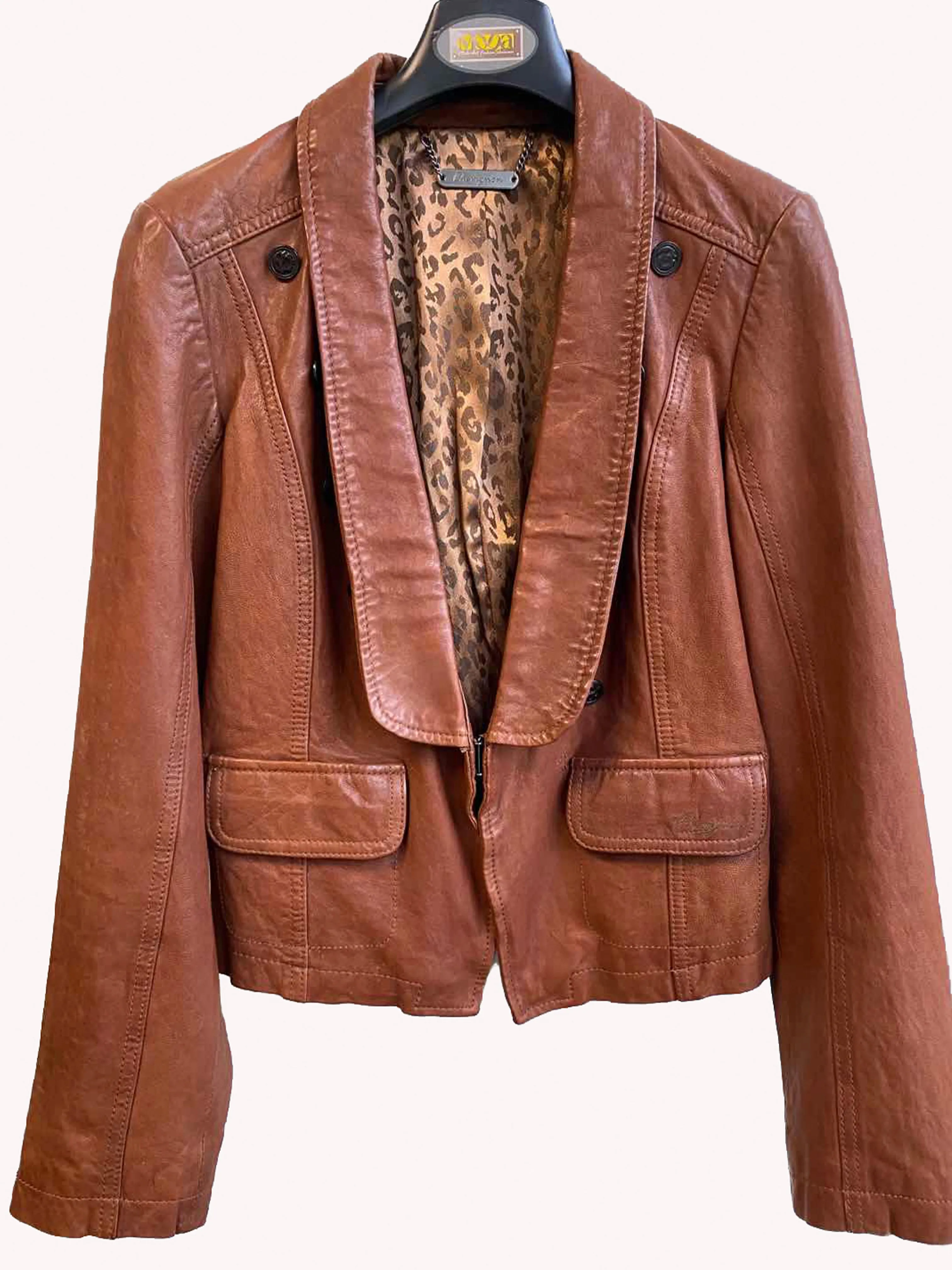 Waxy Washed Effect CHEVIGNON Leather Jacket in Congac Brown