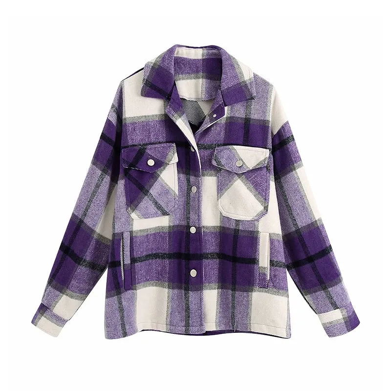 Womens Vintage Retro Loose-fit, Long-Sleeve Plaid Shirt With Pocket