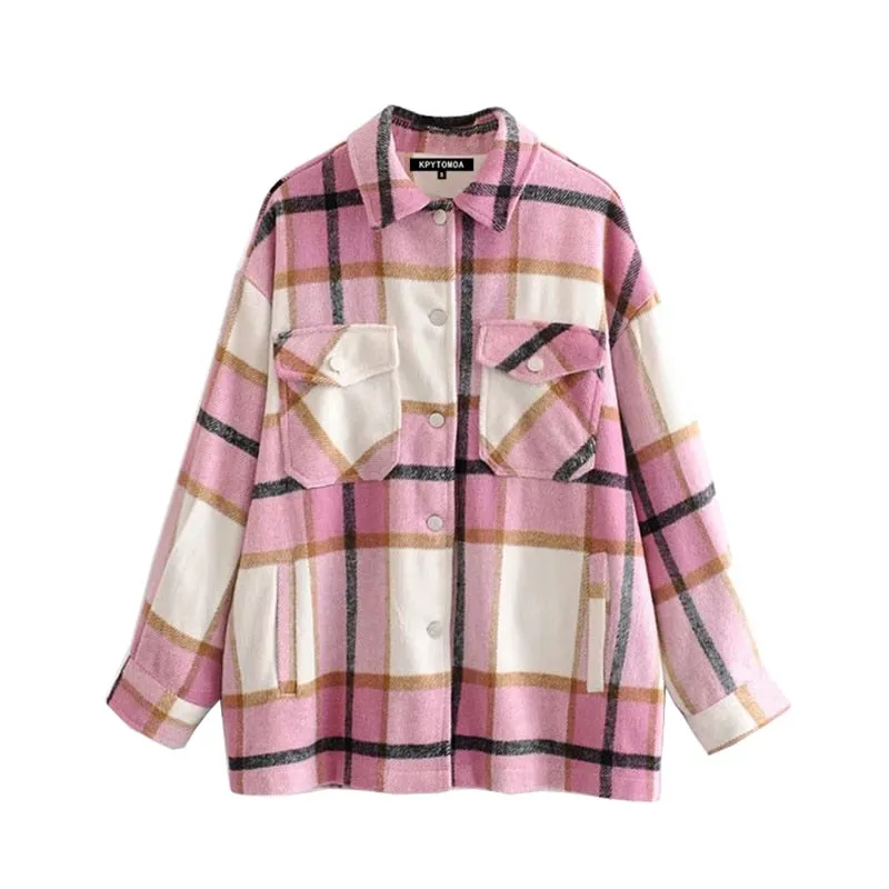 Womens Vintage Retro Loose-fit, Long-Sleeve Plaid Shirt With Pocket