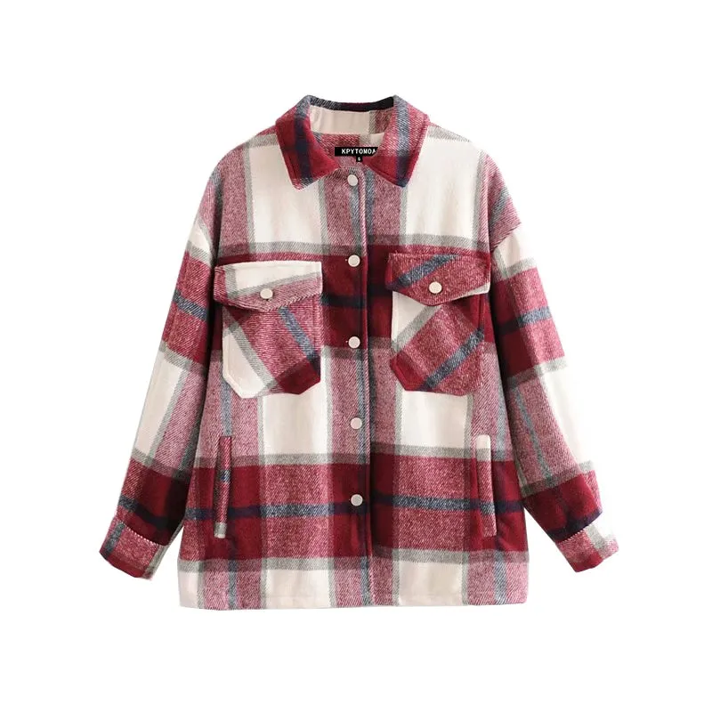 Womens Vintage Retro Loose-fit, Long-Sleeve Plaid Shirt With Pocket