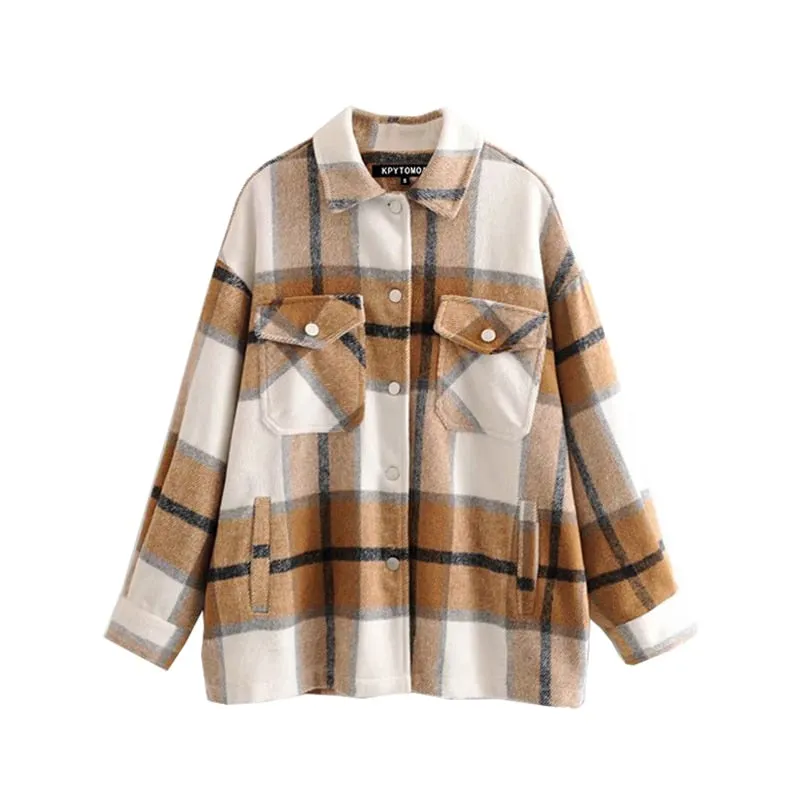 Womens Vintage Retro Loose-fit, Long-Sleeve Plaid Shirt With Pocket